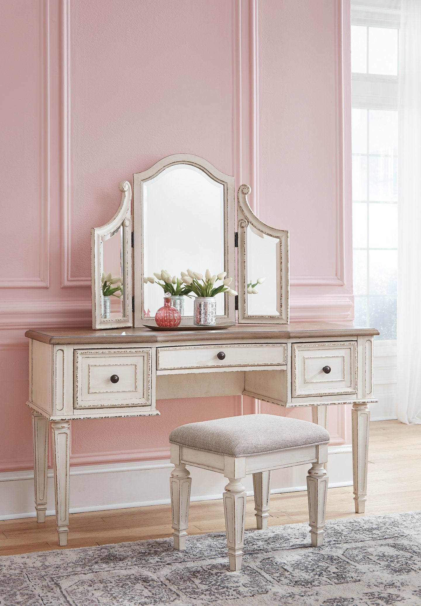 Realyn Vanity and Mirror with Stool