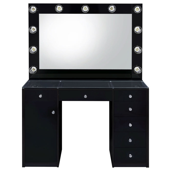 Acena 7 - drawer Vanity Set with Lighting Black High Gloss - Walo Furniture