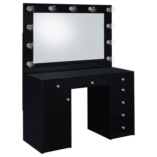 Acena 7 - drawer Vanity Set with Lighting Black High Gloss - Walo Furniture