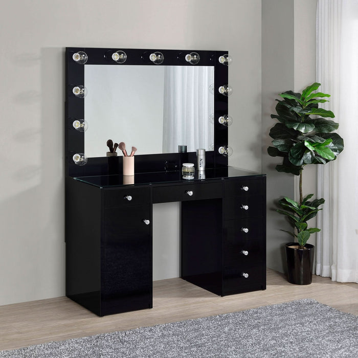 Acena 7 - drawer Vanity Set with Lighting Black High Gloss - Walo Furniture