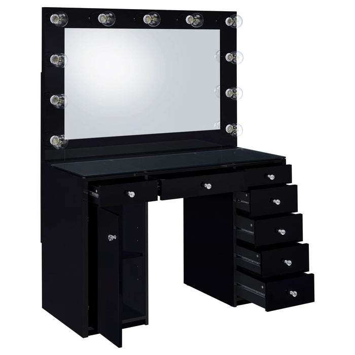 Acena 7 - drawer Vanity Set with Lighting Black High Gloss - Walo Furniture