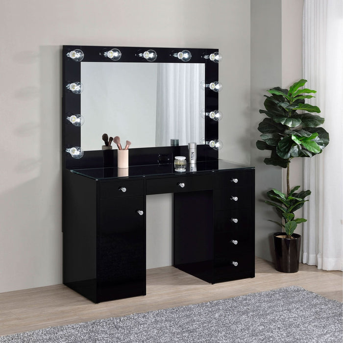 Acena 7 - drawer Vanity Set with Lighting Black High Gloss - Walo Furniture