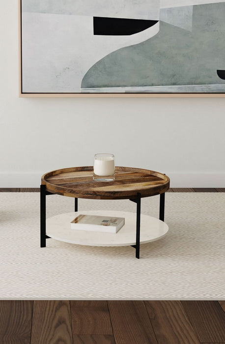 Adhvik Round Wood Top Marble Shelf Coffee Table Natural - Walo Furniture