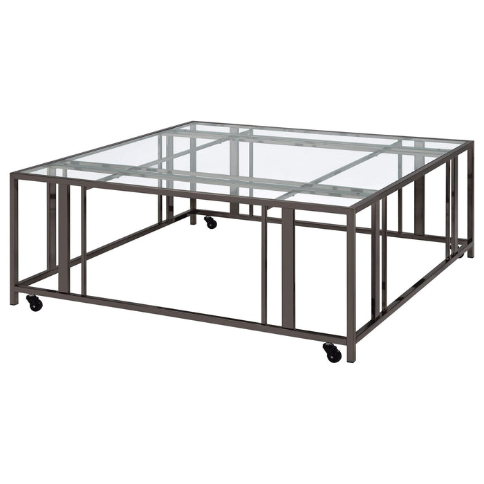 Adri Square Glass Top Coffee Table with Casters Black Nickel - Walo Furniture