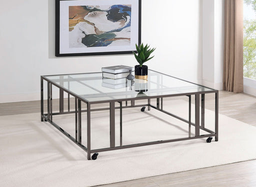 Adri Square Glass Top Coffee Table with Casters Black Nickel - Walo Furniture