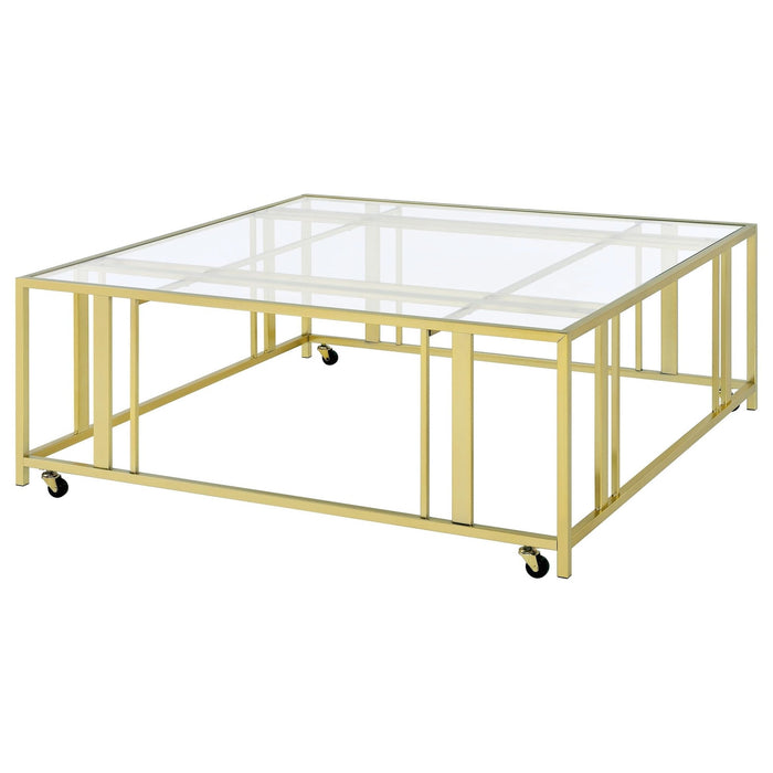 Adri Square Glass Top Coffee Table with Casters Matte Brass - Walo Furniture