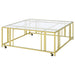 Adri Square Glass Top Coffee Table with Casters Matte Brass - Walo Furniture