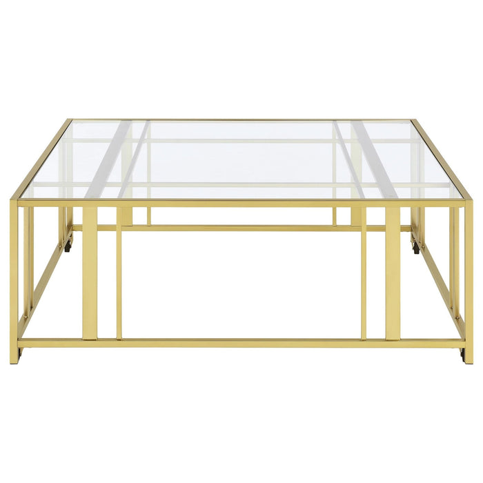 Adri Square Glass Top Coffee Table with Casters Matte Brass - Walo Furniture