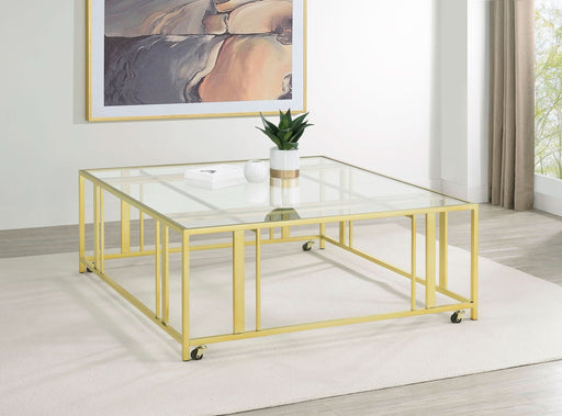 Adri Square Glass Top Coffee Table with Casters Matte Brass - Walo Furniture