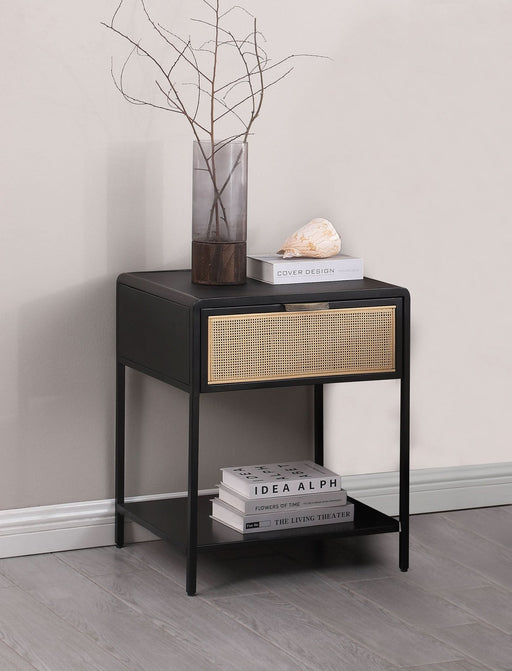 Amherst 1 - drawer Radio Weave Cane Metal Bedside Table Black - Walo Furniture