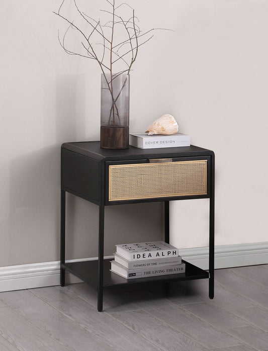 Amherst 1 - drawer Radio Weave Cane Metal Bedside Table Black - Walo Furniture