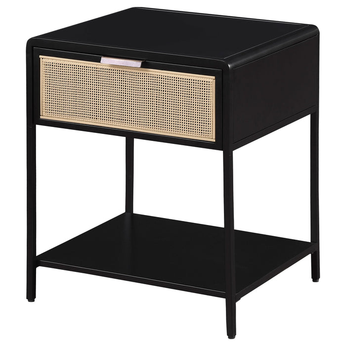 Amherst 1 - drawer Radio Weave Cane Metal Bedside Table Black - Walo Furniture