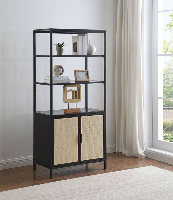 Amherst 3 - shelf Radio Weave Cane Metal Accent Cabinet Black - Walo Furniture