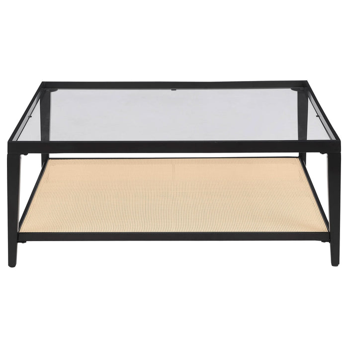 Amherst Glass Top Metal with Cane Shelf Coffee Table Black - Walo Furniture