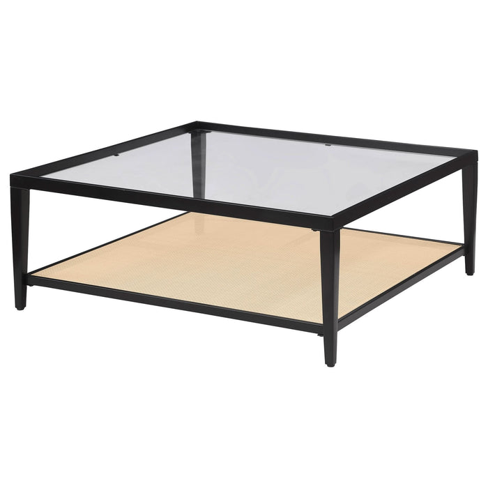 Amherst Glass Top Metal with Cane Shelf Coffee Table Black - Walo Furniture