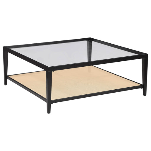 Amherst Glass Top Metal with Cane Shelf Coffee Table Black - Walo Furniture