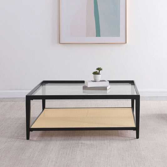 Amherst Glass Top Metal with Cane Shelf Coffee Table Black - Walo Furniture