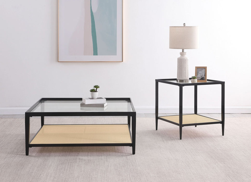 Amherst Glass Top Metal with Cane Shelf Coffee Table Black - Walo Furniture