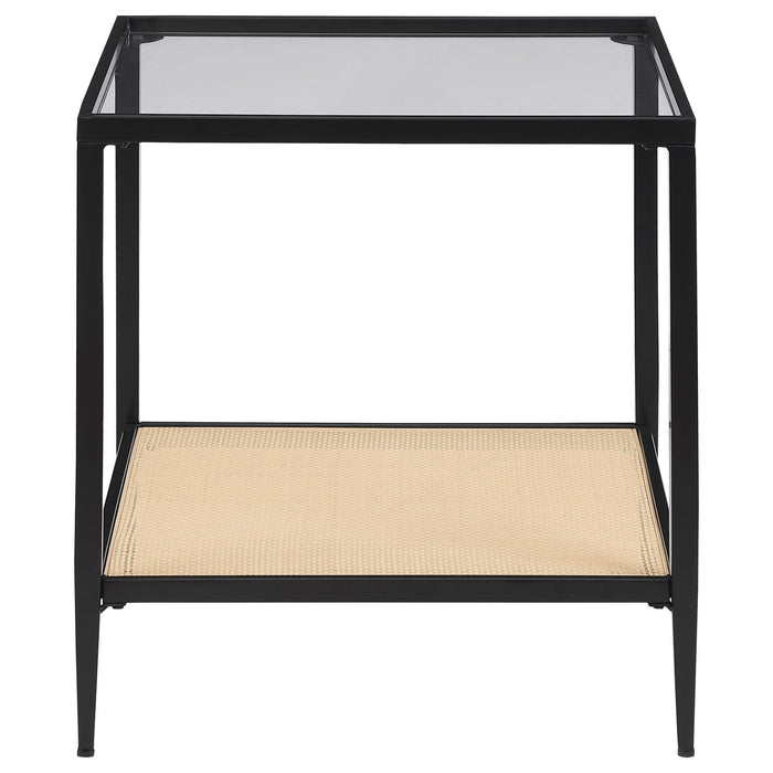 Amherst Glass Top Metal with Cane Shelf End Table Black - Walo Furniture