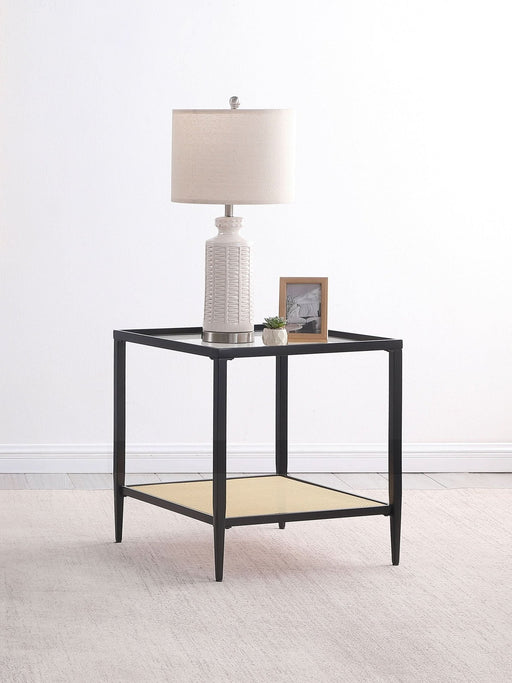 Amherst Glass Top Metal with Cane Shelf End Table Black - Walo Furniture