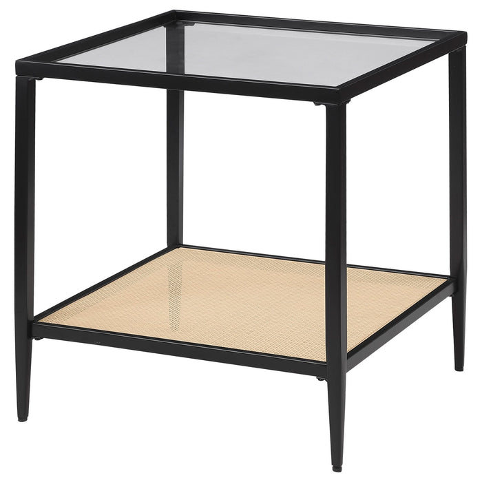 Amherst Glass Top Metal with Cane Shelf End Table Black - Walo Furniture