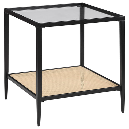 Amherst Glass Top Metal with Cane Shelf End Table Black - Walo Furniture