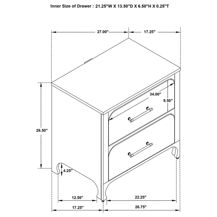 Anastasia 2 - drawer Nightstand Pearl White - Walo Furniture