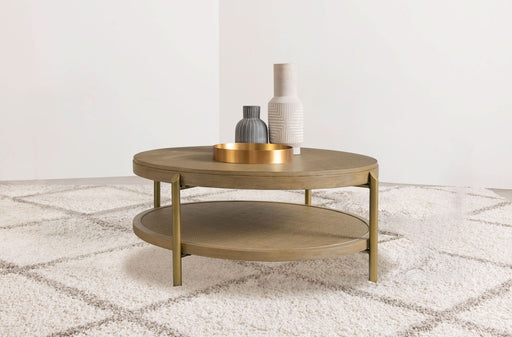 Arini Round Coffee Table With Storage Shelf Sand Wash - Walo Furniture