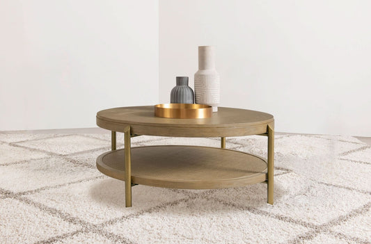 Arini Round Coffee Table With Storage Shelf Sand Wash - Walo Furniture