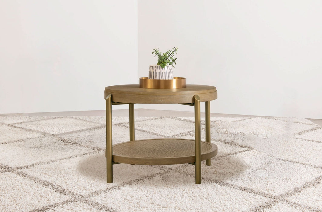 Arini Round End Side Table With Storage Shelf Sand Wash - Walo Furniture