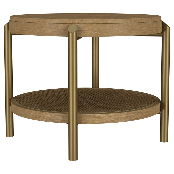 Arini Round End Side Table With Storage Shelf Sand Wash - Walo Furniture