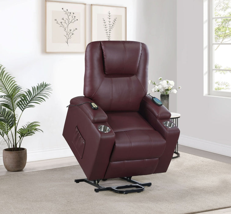 Armstrong Upholstered Power Lift Massage Recliner Wine - Walo Furniture