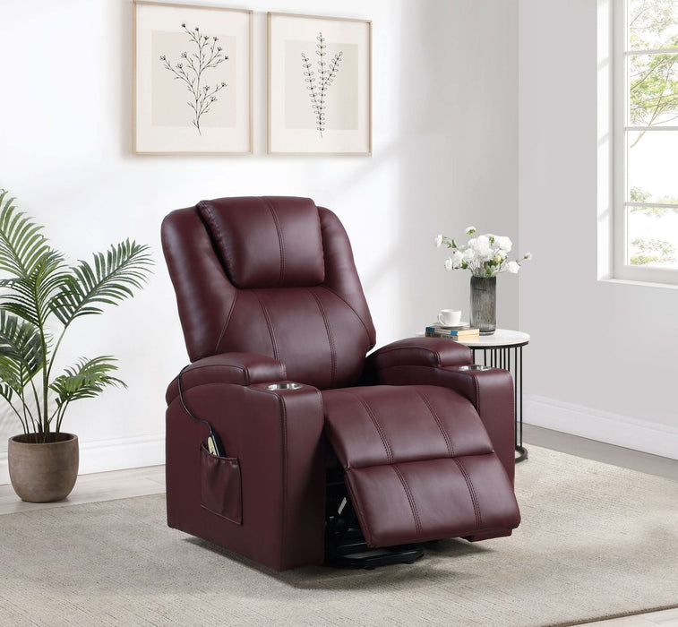 Armstrong Upholstered Power Lift Massage Recliner Wine - Walo Furniture