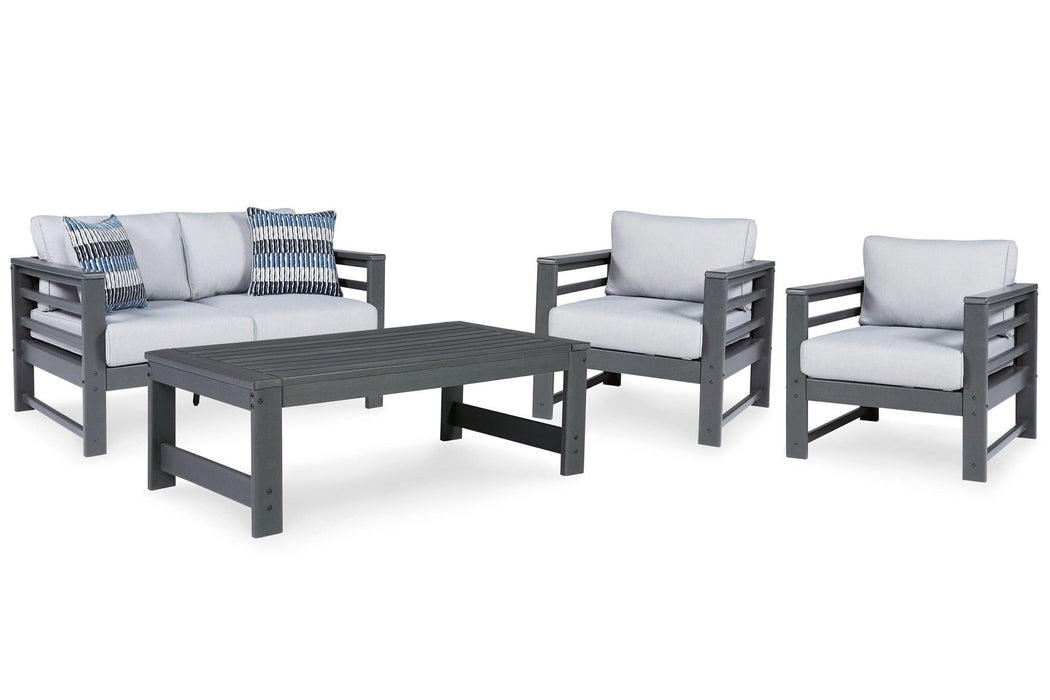 Ashley Express - Amora Outdoor Loveseat and 2 Chairs with Coffee Table - Walo Furniture