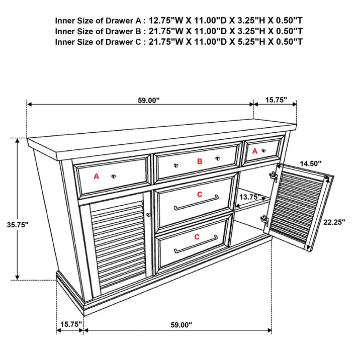 Aventine 5 - drawer Sideboard Buffet Cabinet Vintage White - Walo Furniture