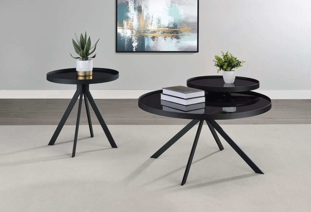 Briggs Round Marble Printed Glass Top Coffee Table Black - Walo Furniture