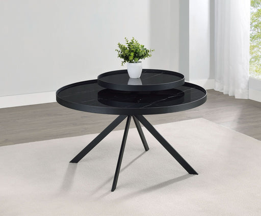 Briggs Round Marble Printed Glass Top Coffee Table Black - Walo Furniture