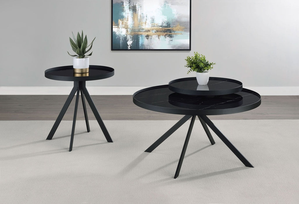 Briggs Round Marble Printed Glass Top End Table Black - Walo Furniture