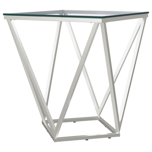 Brittania Square Glass Top Geometric End Table Nickel - Walo Furniture