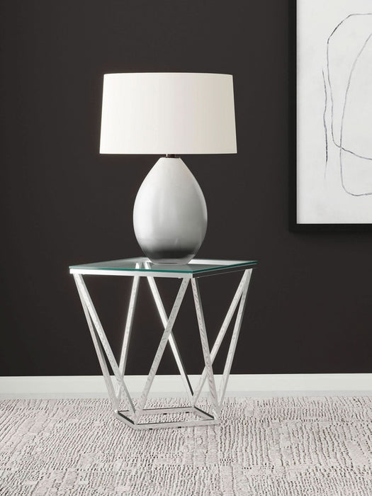 Brittania Square Glass Top Geometric End Table Nickel - Walo Furniture