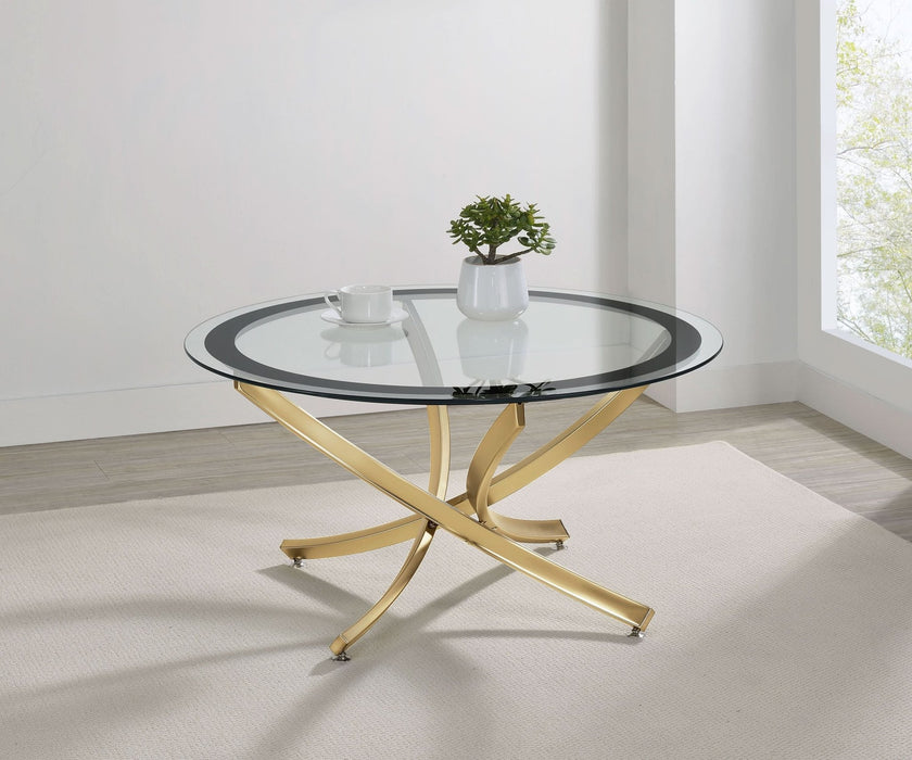 Brooke Round Glass Top Coffee Table Metal Base Brass - Walo Furniture