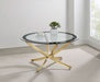 Brooke Round Glass Top Coffee Table Metal Base Brass - Walo Furniture