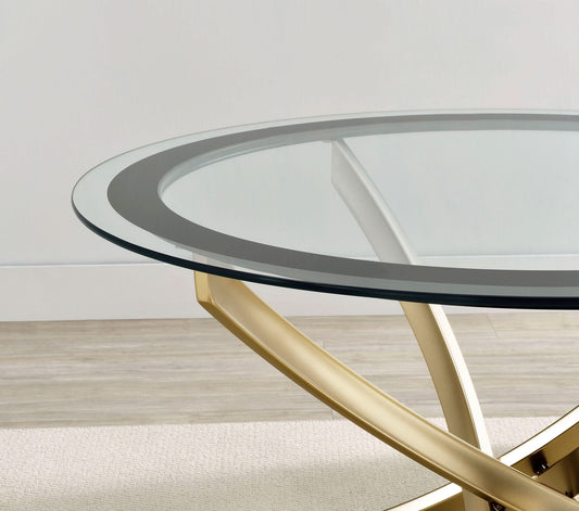 Brooke Round Glass Top Coffee Table Metal Base Brass - Walo Furniture