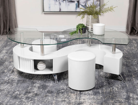 Buckley 3 - piece Coffee Table and Stools Set White High Gloss - Walo Furniture