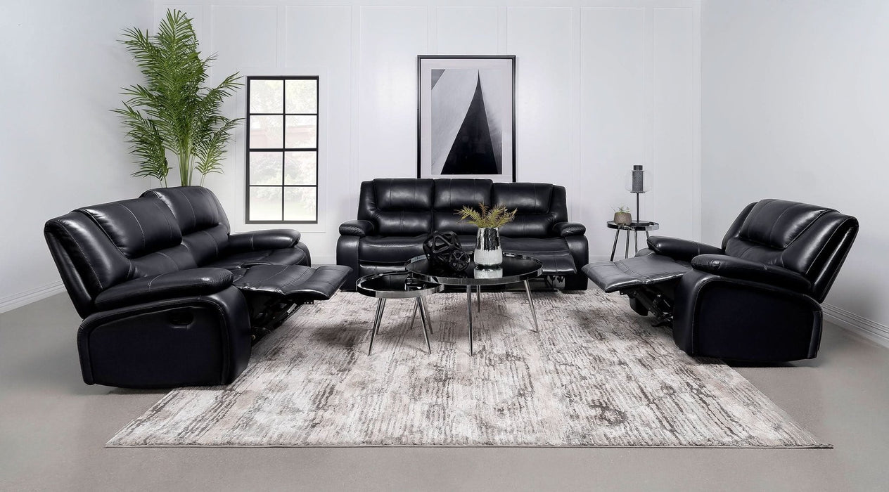 Camila 3 - piece Upholstered Motion Reclining Sofa Set Black - Walo Furniture