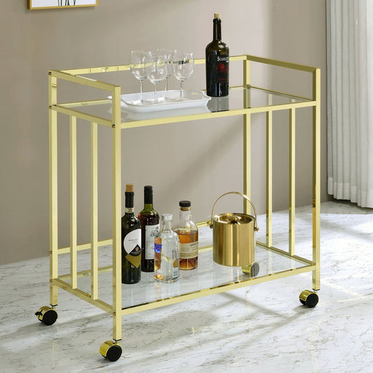 Cara 2 - tier Rectangular Glass Shelf Metal Bar Cart Brass - Walo Furniture