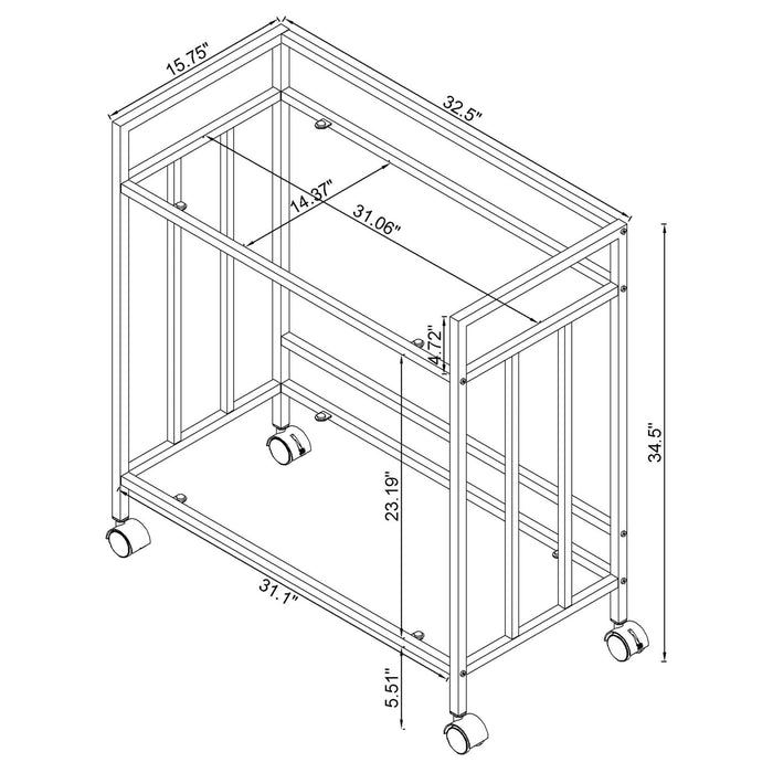 Cara 2 - tier Rectangular Glass Shelf Metal Bar Cart Brass - Walo Furniture