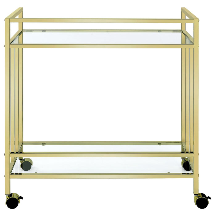 Cara 2 - tier Rectangular Glass Shelf Metal Bar Cart Brass - Walo Furniture