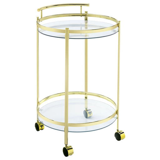 Chrissy 2 - tier Round Glass Shelf Metal Bar Cart Brass - Walo Furniture