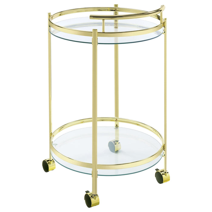 Chrissy 2 - tier Round Glass Shelf Metal Bar Cart Brass - Walo Furniture